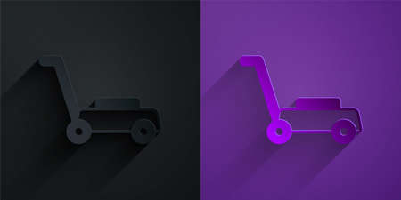 Paper cut Lawn mower icon isolated on black on purple background. Lawn mower cutting grass. Paper art style. Vectorのイラスト素材