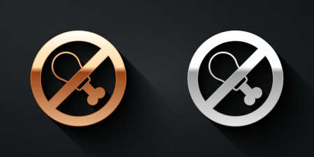 Gold and silver No meat icon isolated Gold and silver background. No fast food allowed - vegetarian food. Long shadow style. Vectorのイラスト素材