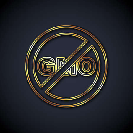 Gold line No GMO icon isolated Gold line background. Genetically modified organism acronym. Dna food modification. Vectorのイラスト素材