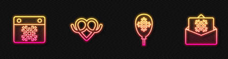 Set line Balloons with snowflake, Calendar, Pretzel and Christmas postcard. Glowing neon icon. Vectorのイラスト素材