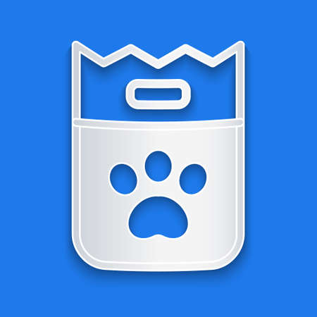 Paper cut Bag of food for dog icon isolated on blue background. Dog paw print. Food for animals. Pet food package. Paper art style. Vectorのイラスト素材