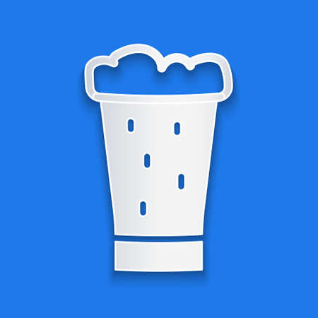 Paper cut Glass of beer icon isolated on blue background. Paper art style. Vectorのイラスト素材