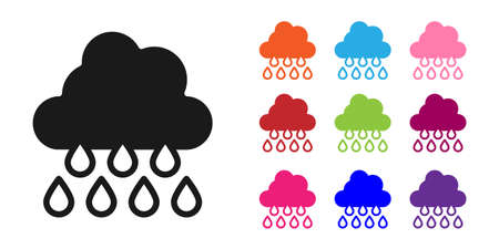Black Cloud with rain icon isolated on white background. Rain cloud precipitation with rain drops. Set icons colorful. Vectorのイラスト素材
