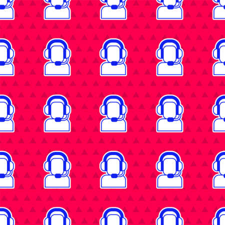 Blue Man with a headset icon isolated seamless pattern on red background. Support operator in touch. Concept for call center, client support service. Vectorのイラスト素材