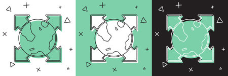 Set World globe with compass icon isolated on white and green, black background. Vector