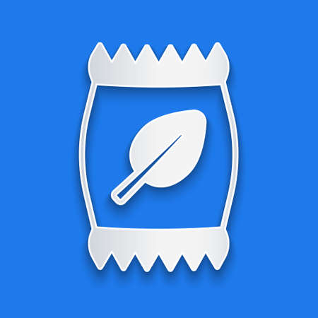 Paper cut Fertilizer bag icon isolated on blue background. Paper art style. Vectorのイラスト素材