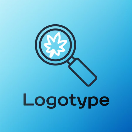 Line Magnifying glass with leaf icon isolated on blue background. Scientific biology, study nature...