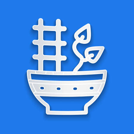 Paper cut Plant in pot icon isolated on blue background. Plant growing in a pot. Potted plant sign. Paper art style. Vectorのイラスト素材