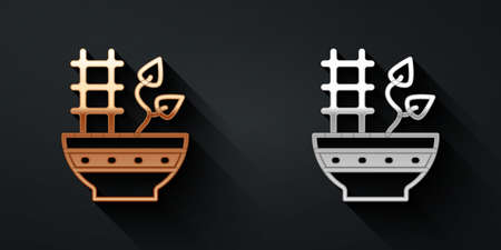 Gold and silver Plant in pot icon isolated on black background. Plant growing in a pot. Potted plant sign. Long shadow style. Vectorのイラスト素材