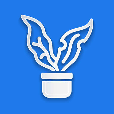 Paper cut Plant in pot icon isolated on blue background. Plant growing in a pot. Potted plant sign. Paper art style. Vectorのイラスト素材