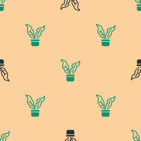 Green and black Plant in pot icon isolated seamless pattern on beige background. Plant growing in a pot. Potted plant sign. Vectorのイラスト素材