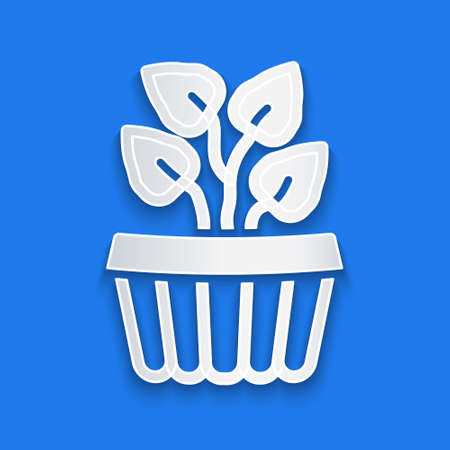 Paper cut Indoor plant ivy in a pot icon isolated on blue background. Branch with leaves. Paper art style. Vectorのイラスト素材