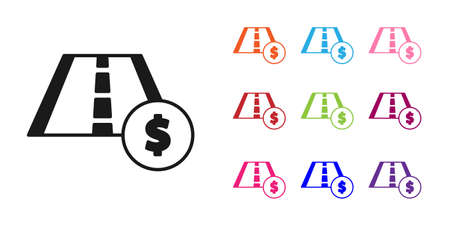 Black Toll road traffic sign. Signpost icon isolated on white background. Pointer symbol. Street information sign. Direction sign. Set icons colorful. Vectorのイラスト素材