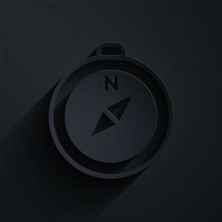 Paper cut Compass icon isolated on black background. Windrose navigation symbol. Wind rose sign. Paper art style. Vectorのイラスト素材