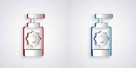 Paper cut Sunscreen spray bottle icon isolated on grey background. Protection for the skin from solar ultraviolet light. Paper art style. Vectorのイラスト素材
