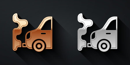Gold and silver Car exhaust icon isolated on black background. Long shadow style. Vectorのイラスト素材