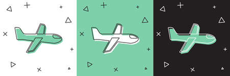 Set Plane icon isolated on white and green, black background. Flying airplane icon. Airliner sign. Vectorのイラスト素材