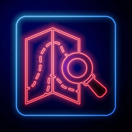 Glowing neon Search location icon isolated on black background. Magnifying glass with pointer sign. Vectorのイラスト素材