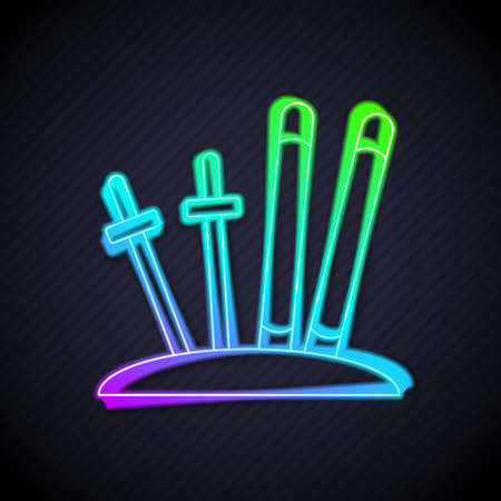 Glowing neon line Ski and sticks icon isolated on black background. Extreme sport. Skiing equipment. Winter sports icon. Vectorのイラスト素材