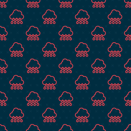 Red line Cloud with rain icon isolated seamless pattern on black background. Rain cloud...
