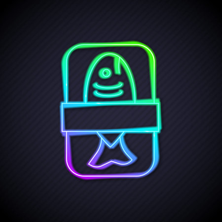 Glowing neon line Fish plastic tray container with cellophane cover icon isolated on black background. Vectorのイラスト素材