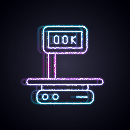 Glowing neon line Electronic scales icon isolated on black background. Weight for food. Weighing process in store or supermarket. Vectorのイラスト素材