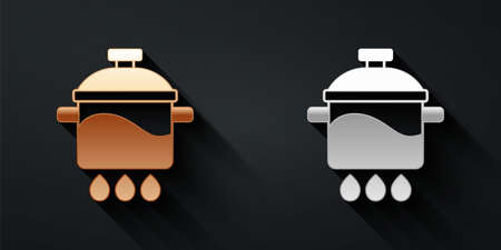 Gold and silver Cooking pot icon isolated on black background. Boil or stew food symbol. Long shadow style. Vectorのイラスト素材