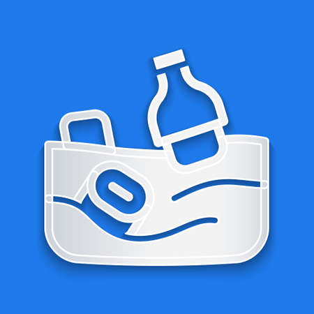 Paper cut The problem of pollution of the ocean icon isolated on blue background. The garbage, plastic, bags on the sea. Paper art style. Vectorのイラスト素材