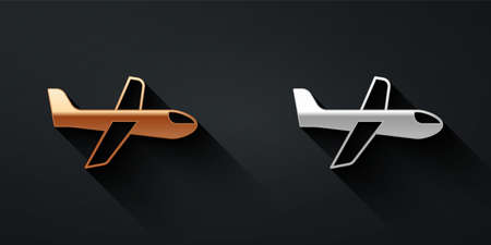 Gold and silver Plane icon isolated on black background. Flying airplane icon. Airliner sign. Long shadow style. Vectorのイラスト素材
