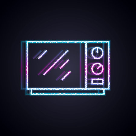 Glowing neon line Microwave oven icon isolated on black background. Home appliances icon. Vectorのイラスト素材