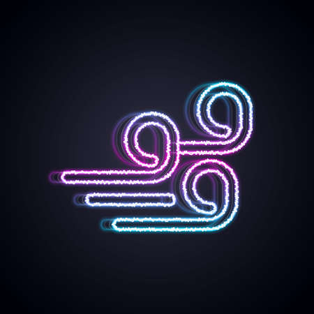 Glowing neon line Windy weather icon isolated on black background. Cloud and wind. Vectorのイラスト素材