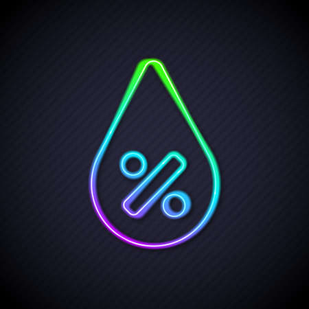 Glowing neon line Water drop percentage icon isolated on black background. Humidity analysis. Vectorのイラスト素材