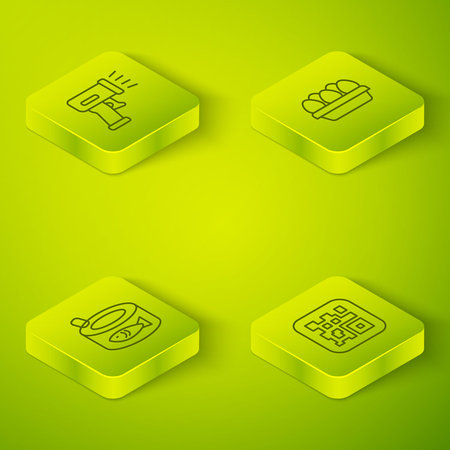 Set Isometric line Chicken egg in box, Canned fish, QR code and Scanner scanning bar icon. Vectorのイラスト素材