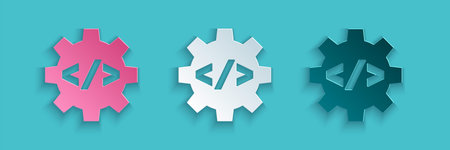 Paper cut Web design and front end development icon isolated on blue background. Paper art style. Vectorのイラスト素材