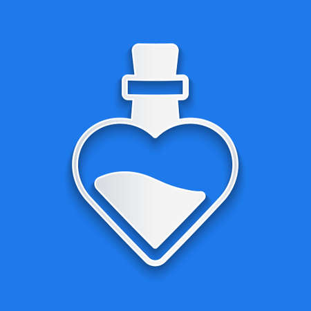 Paper cut Bottle with love potion icon isolated on blue background. Valentines day symbol. Paper art style. Vectorのイラスト素材