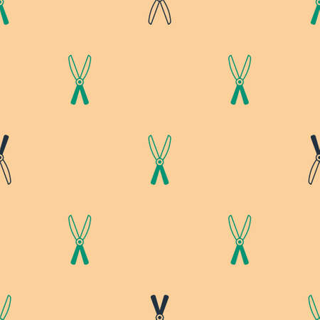 Green and black Gardening handmade scissors for trimming icon isolated seamless pattern on beige background. Pruning shears with wooden handles. Vectorのイラスト素材