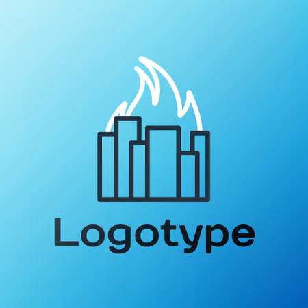 Line Fire in burning buildings on city street icon isolated on blue background. Destroyed city on fire. Colorful outline concept. Vector Illustration.のイラスト素材