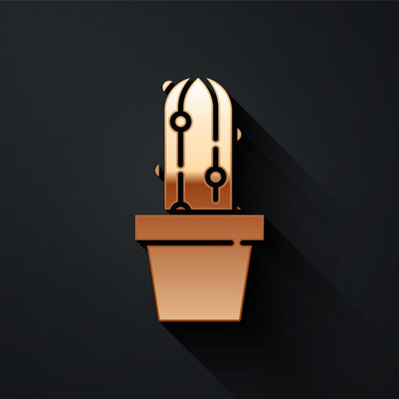 Gold Cactus peyote in pot icon isolated on black background. Plant growing in a pot. Potted plant sign. Long shadow style. Vectorのイラスト素材