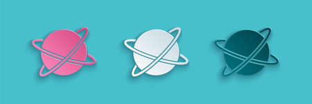 Paper cut Artificial satellites orbiting the planet Earth in outer space icon isolated on blue background. Communication, navigation concept. Paper art style. Vectorのイラスト素材