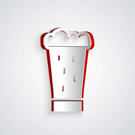 Paper cut Glass of beer icon isolated on grey background. Paper art style. Vectorのイラスト素材