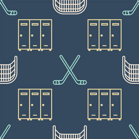 Set line Ice hockey goal, Locker or changing room and Ice hockey sticks on seamless pattern. Vectorのイラスト素材