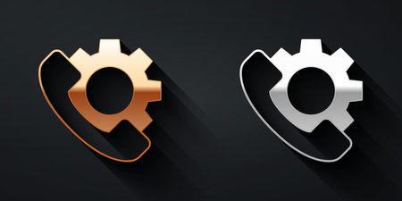 Gold and silver Telephone 24 hours support icon isolated on black background. All-day customer support call-center. Full time call services. Long shadow style. Vectorのイラスト素材