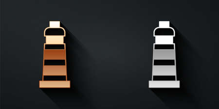 Gold and silver Lighthouse icon isolated on black background. Long shadow style. Vectorのイラスト素材
