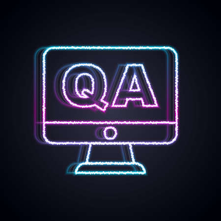 Glowing neon line Speech bubbles with Question and Answer icon isolated on black background. Q and A symbol. FAQ sign. Chat speech bubble and chart. Vectorのイラスト素材