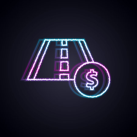 Glowing neon line Toll road traffic sign. Signpost icon isolated on black background. Pointer symbol. Street information sign. Direction sign. Vectorのイラスト素材