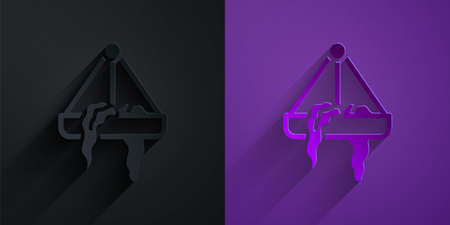 Paper cut Plant in hanging pot icon isolated on black on purple background. Decorative macrame handmade hangers for flower pot, hang indoor plants. Paper art style. Vectorのイラスト素材