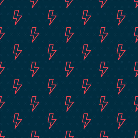 Red line Lightning bolt icon isolated seamless pattern on black background. Flash sign. Charge flash...