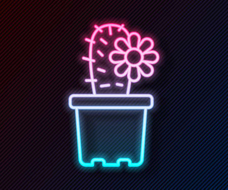 Glowing neon line Cactus peyote in pot icon isolated on black background. Plant growing in a pot. Potted plant sign. Vectorのイラスト素材