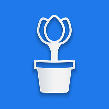 Paper cut Flower tulip in pot icon isolated on blue background. Plant growing in a pot. Potted plant sign. Paper art style. Vectorのイラスト素材