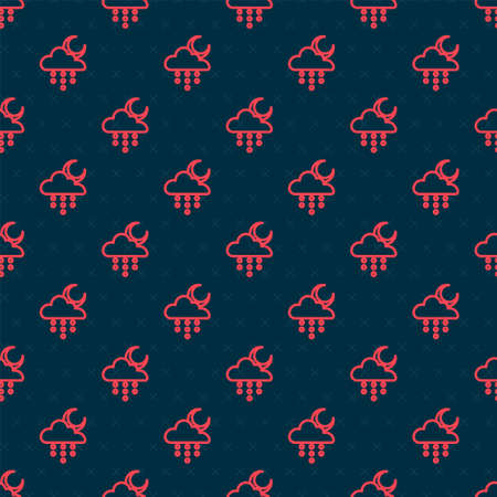Red line Cloud with rain and moon icon isolated seamless pattern on black background. Rain cloud precipitation with rain drops. Vectorのイラスト素材